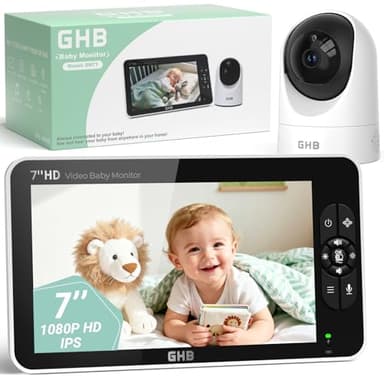 GHB Babyphone Cémera 7" 1080P Caméra Bebe Surveillance 350° Rotation Écran IPS HD Mode VOX 168H Autonomie de la Batterie Audio Bidirectionnel Alerte de Température 8 Berceuses