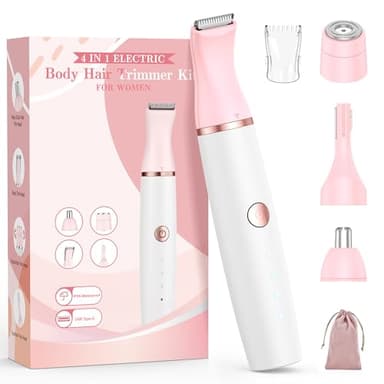 Tondeuse Bikini Femme, Tondeuse Femme Intime: Tout-En-Un Rasoir Electrique Femmes Sec et Humide, 4 Remplacement Têtes, Rechargeable, pour Maillot/Partie Intime/Aisselles/Jambes/Visage/Sourcils et Nez