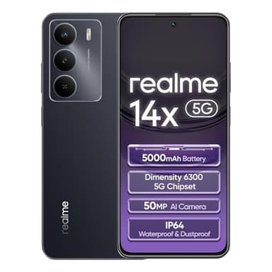 realme 14x Smartphone 5G 6+128GB, Black, 6.67 Pouces d'écran, 120Hz d'affichage, 5000 mAh de Batterie, 50 MP de caméra AI, MediaTek Dimensity 6300, Protection ArmorShell, IP64
