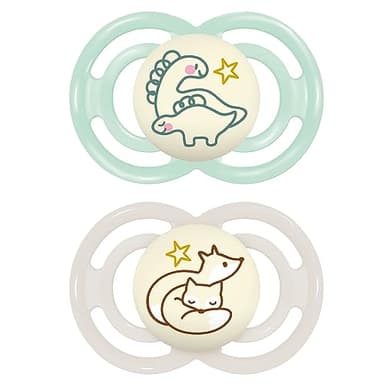 MAM Perfect Night Lot de 2 tétines, phosphorescentes dans le noir, respectueuses des dents, en matériaux durables et biologiques renouvelables, avec boîte, pour bébé de 16 mois et plus,
