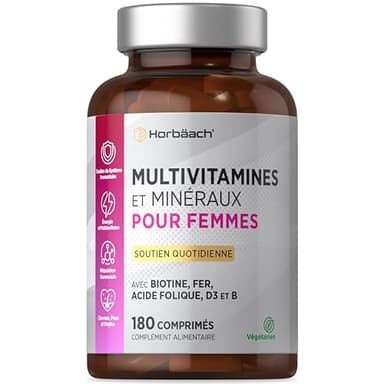 Multivitamines Femme | 180 Comprimés Vegan | pour Système Immunitaire et Soutien énergétique | Complément Alimentaire avec Fer Calcium Biotine et Acide Folique | par Horbaach