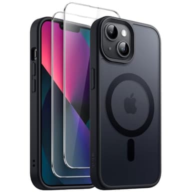 JETech 3 en 1 Coque Magnétique pour iPhone 13 6,1 Pouces avec Lot de 2 Films de Protection D'écran en Verre Trempé, Compatible avec MagSafe, Étui Housse Mat Translucide (Noir)
