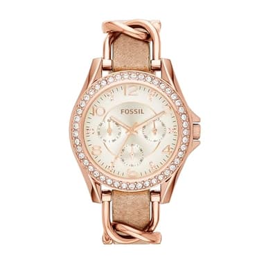 Fossil Montre pour femmes Riley, mouvement quartz multifonction, boîtier en acier inoxydable or rose 38 mm avec bracelet en cuir véritable, ES3466