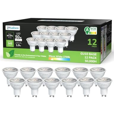 sailsco Classe A Ampoule GU10 LED Blanc Chaud Spot,1.9W équivalent 50W,345LM 2700K Ampoule LED GU10 Blanc Chaud,36° Angle Du Faisceau,Non-Dimmable,Lot de 12
