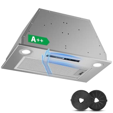 KICHPOWER Hotte Aspirante 52cm Encastrable, 400m³/h Hotte Cuisine, 3 Vitesses & Fonction Booster, Gestuelle, Tactile, Éclairage LED, Évacuation & Recyclage d'air avec filtre à charbon et conduit