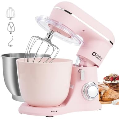 Kitchen in the box Robot Pâtissier, 4.5L+5L 2Bols Robots de Cuisine, 10 Vitesses Batteur Electrique Cuisine, 1300W Pétrin Professionnel avec Fouet, Batteur, Crochet (Rose)