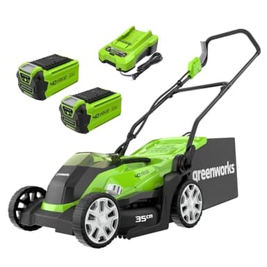 Greenworks 40V Tondeuse à Gazon Sans Fil pour Pelouses Jusqu'à 400m², Largeur de Coupe de 35 cm, Sac de 40L, INCLUS Deux Batteries 40V 2Ah et Un Chargeur, Garantie 3 Ans-G40LM35K2X