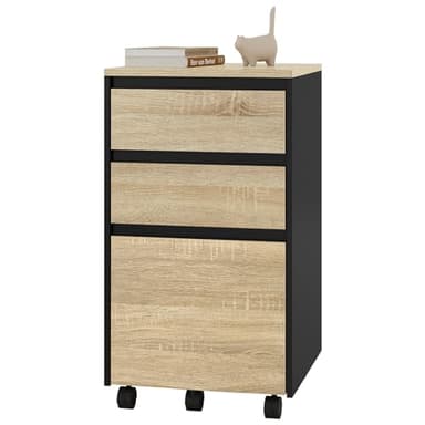 WOLTU Caisson Bureau Mobile, Meuble Rangement, sur roulettes, Documents avec 3 Tiroirs, Chêne Clair et Noir, 40x40x71.5cm, ASK01hei