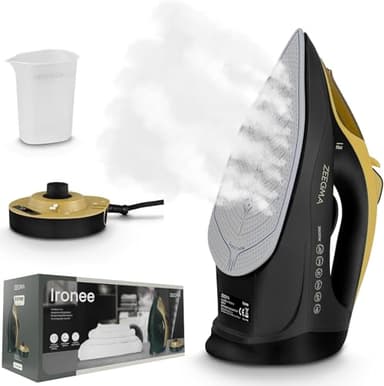 ZEEGMA IRONEE Fer à vapeur sans fil avec semelle en céramique 2600 W, pour repassage vapeur horizontal et vertical, récipient de 320 ml, fonction autonettoyante, anti-goutte et anticalcaire (Black)