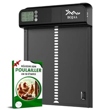 Porte Automatique poulailler en Aluminium | Minuterie programmable | EBOOK Offert | Idéal pour Tous Les poulaillers l Fonctionne à Piles | Trappe pour Poules ou Coq Anti-pincement | Écran LCD Étanche