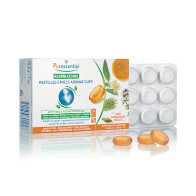 Puressentiel - Respiratoire - Pastilles 3 Miels Aromatiques - Thym, Pin et Eucalyptus Propolis - Adoucit la gorge en cas d'enrouement - Boîte de 18 pastilles