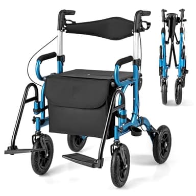 COSTWAY Déambulateur Tout-Terrain à 4 Roues avec Siège, Combiné Déambulateur et Fauteuil Roulant 2-en-1 avec Pneus Pneumatiques de 23 cm Hauteur Réglable, Rollator Charge 140KG (Bleu)