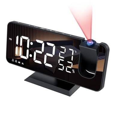 Reveil Projecteur avec Radio, Horloge Numérique, Radio Reveil USB avec Double Alarme et Écran Miroir LED de 7, Snooze, 4 Niveaux de Luminosité, 12/24h, 15 Volume, pour La Maison, Le Bureau
