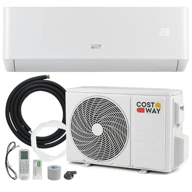 COSTWAY Climatiseur Monosplit 12000 BTU 3,4 kW, Clim Inverter Réversible Pompe à Chaleur, R32, Classe A++ / A+, Faible Consommation, Unité Intérieure et Extérieure, Auto-nettoyage, Kit d’Installation