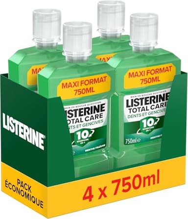 Listerine, Bain de Bouche Total Care Dents et Gencives (lot de 4 bouteilles de 750 ml) – Soin bucco-dentaire quotidien 10 bénéfices en 1 – Bain de bouche pour une haleine fraîche durable