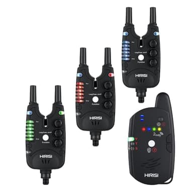 Hirisi Tackle Détecteurs de touche pour la pêche à la carpe avec télécommande (récepteur radio), avec éclairage de nuit, sensibilité, volume et tonalité réglables. Ensemble de détecteurs de touche