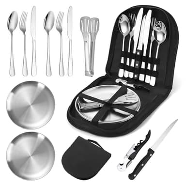 Set de Couvert Camping Vaisselle pour 4 personnes, 12 Vaisselle Camping en Acier Inoxydable avec Sac de Rangement,Réutilisable Couverts Camping Convient pour Les Voyages,Camping,Randonnée