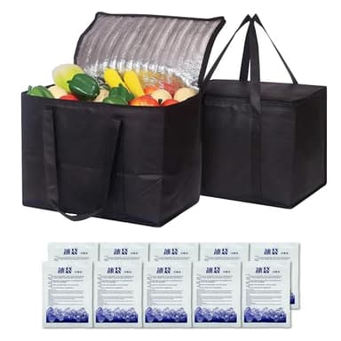2 pièce Grand Sac Isotherme （40L+40L） + 10 pièce banquise，Noir Sac Isotherme Courses（41x26x33cm），Pliable Sacs isothermes，glacière，Courses surgelés