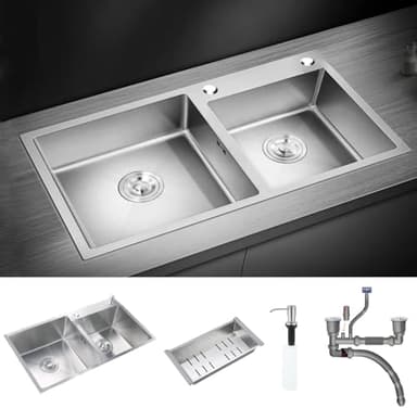 HaTur Evier de Cuisine en Acier Inoxydable Évier Double Bac avec 2 Trous de Montage Evier de Cuisine Kit, 78 * 43 * 20 cm (Argent)