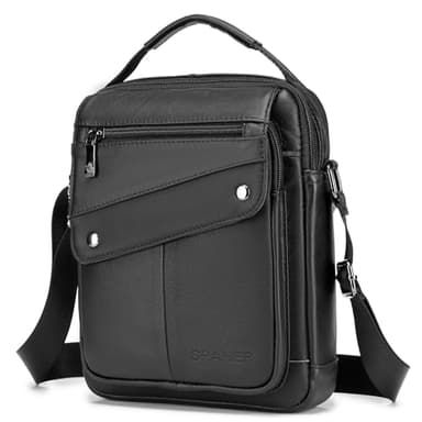SPAHER Sacoche Bandoulière Homme en Cuir Véritable - Grand Sac Porté Epaule Business pour Voyage - Pochette Compatible Ipad 11 Pouces - Noir