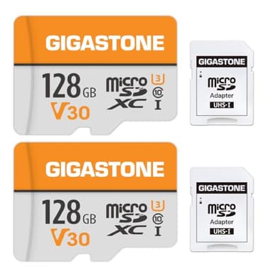 Gigastone Lot de 2 Cartes Mémoire 128 Go Micro SDXC, Compatible avec Gopro Caméra Drone Tablette Samsung Sony, Haute Vitesse pour 4K UHD Vidéo, A1 U3 C10 avec Mini étui et Adaptateur SD.