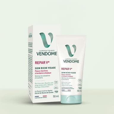 LABORATOIRES VENDÔME - REPAR V+ - Soin Riche Visage - Hydratation 48H - Diminue Les Sensations D'inconforts - Enrichi En Extrait De Racine De Carotte - Peaux Réactives À Tendance Atopique - 50ml