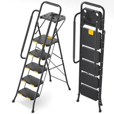 KINGRACK Escabeau 5 Marches avec Plateau à Outils et Large Pédale Antidérapante, Marche Pied Pliable avec Mains Courantes, Échelle Domestique pour Maison Cuisine Garde-Manger Placards et Bureau, Noir