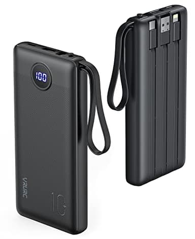 VRURC Batterie Externe avec Câble Intégré, 10000mAh Power Bank USB C 5 Sorties 2 Entrées, Ultra Mince Batterie Portable l' Ecran LED Compatible avec iPhone Samsung Android iPad (Noir)