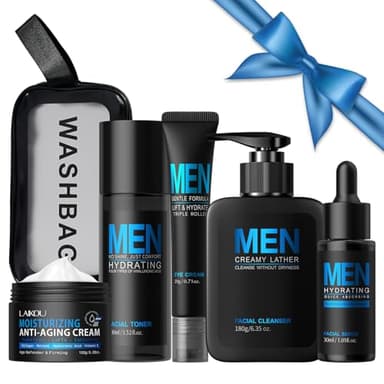 Coffret Soin Visage Homme, 5 pièces Skincare Set Men, pour Hydratant Anti-Âge Anti-Brillance, Kit Soin Visage Homme Cadeau avce Nettoyant Lotion Visage Yeux Crème Sac de Rangement