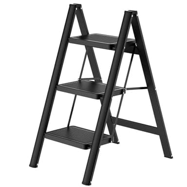 Escabeau pliant - Cadre en acier robuste - Charge maximale : 150 kg - Design pliable avec surface antidérapante pour plus de sécurité (3 marches)