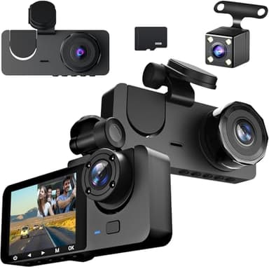 1080P Dashcam Voiture Avant Arrière Intérieur, avec Carte SD 32GB, Caméra de Voiture avec Surveillance de Stationnement, Détection de Mouvement, 170° Grand Angle 3 Canaux 24H (Version Standard)