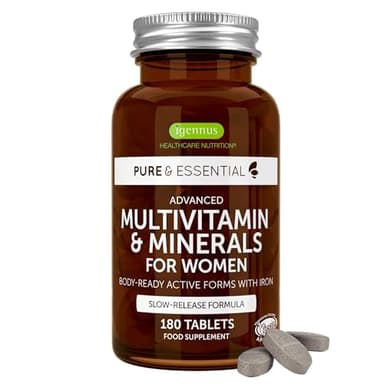Multivitamines et Minéraux pour Femmes, Vitamines Méthylées & Bioactives, avec Fer Bisglycinate 14 mg, Libération Lente, Clean Label & 100% Vegan, 180 comprimés – par Igennus