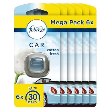 Febreze Désodorisant Voiture (2ml x6), Parfum Pureté de Coton, Combat les Odeurs Persistantes, Durée Jusqu'à 30 Jours par Diffuseur
