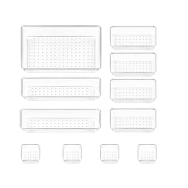 Strehknewen Lot de 11 Bacs de Rangement Tiroir – Organiseurs Tiroirs en Plastique Transparent avec 4 Tailles – Boîtes de Rangement Empilables pour Maquillage, Bureau, Salle de Bain, Cuisine