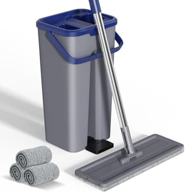 Eukue Kit de serpillère 2 en 1 avec seau, serpillère en microfibre avec fonction essorage, seau de nettoyage 2 en 1 avec serpillère, balai avec poignée réglable en acier inoxydable et 3 têtes de balai