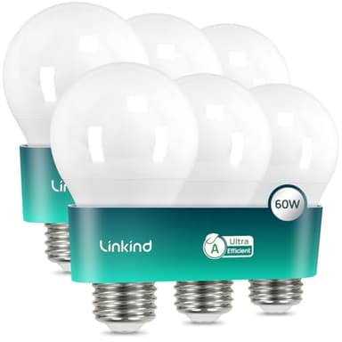Linkind Ampoule LED E27 Ultra Efficace, 3,8W=60W, 4000K Blanc Neutre, Classe Énergétique A, Non Dimmable, Ampoule A60 Edison 806lm, Angle 200°, Économie d'Énergie, Lot de 6