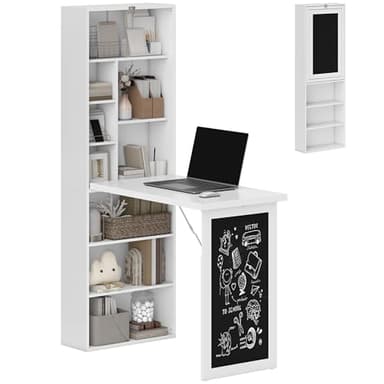 HOMCOM Bureau Informatique Pliable, Bureau avec bibliothèque, Poste de Travail, Tableau Noir, 9 Compartiments Ouverts et étagère réglable, Table d'ordinateur pour Chambre, 98x51x153cm, Blanc