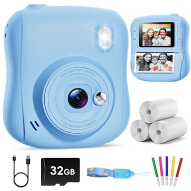Hangrui Appareil Photo Instantané Enfant, 2,0 Pouces Écran HD Appareil Photo Enfant avec Carte de 32GB & 3 Rouleaux de Papier d'impression,Cadeau Jouet pour Enfant Garçons Filles de 3-10 Ans -Bleu