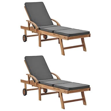 vidaXL 2X Bois de Teck Solide Chaises Longues avec Coussins Transat de Jardin Bain de Soleil de Terrasse Chaise Longue de Patio Extérieur Gris Foncé