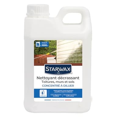 STARWAX - Nettoyant Décrassant pour Toitures, Murs,Sols Extérieurs - Surpuisant - Nettoie Graisses, Suies et Verdissures - Compatible Nettoyeurs Haute Pression - Fabriqué en France - 2L - 1000m²
