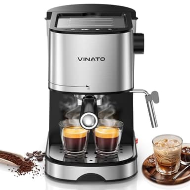 VINATO Machine à Espresso 15 Bars | Mousseur à Lait Professionnel Intégré | Compacte (17cm) pour Petites Cuisines | Double Tasse & Chauffage Rapide | Incl. 2 Filtres - Cappuccino, Latte, Macchiato