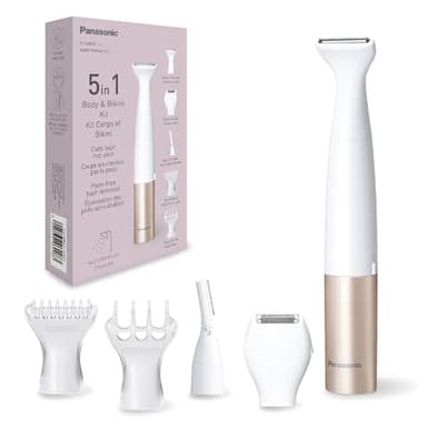 Panasonic ES-WM31 Kit Corps et Bikini, Épilateur pour Femmes, Rasoir pour Femmes, Tondeuse pour Bikini, 5 Accessoires, Étanche IPX7, Humide et Sec, Alimenté par Piles (1 x AA), Blanc Doré