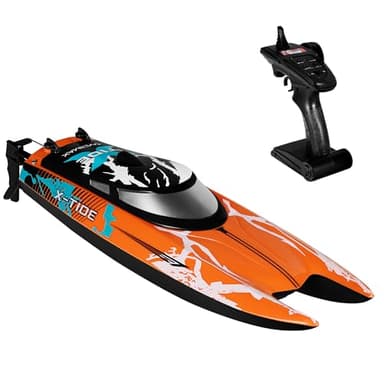 OVERMAX X-Tide Bateau de Course RC Télécommandé avec Lumières LED 25 km/h 1200 mAh Batteries 34 Min de Jeu Contrôle de la Vitesse Portée Jusqu'à 100 m, Jouet pour Piscine et Lac