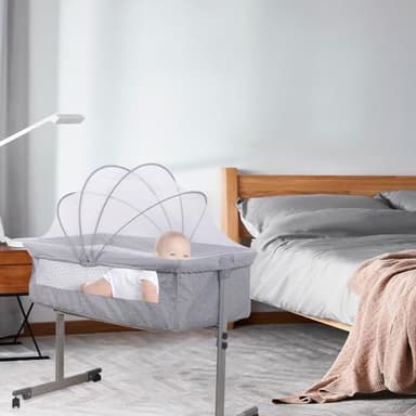 HUOLE Lit Jumeaux Bebe,Twin Nursery Center, Accessoire De Berceau Jumeau pour Parc, Lit De Bébé Dormeur avec Parents, Hauteur Réglable, Roue Universelle Muette, Berceaux-96 * 57 * 77 cm-Gris