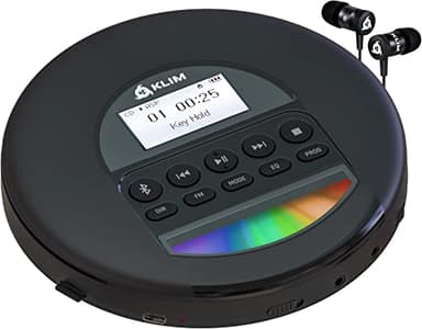 KLIM Nomad - Nouveauté - Lecteur CD Portable - Batterie Intégrée Longue Durée - avec Écouteurs - Compatible CD-R, CD-RW, MP3 - Bluetooth Baladeur Lecteur CD pour Voiture, Maison, Extérieur - Noir
