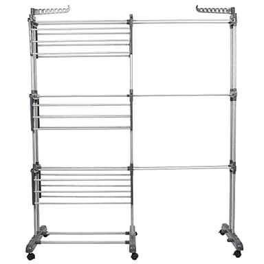 RELOVE Étendoir Linge Intérieur sur 3 Niveau, Séchoir à Linge Extensible Réglable, Grand Capacité 75-142.5*64*170cm, avec 6 Roues de Frein de Stationnement à 360° (75-142.5*64*170cm (Gris))