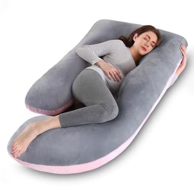 Avmvnvc Coussin de Grossesse - Oreiller de Grossesse en Forme de J pour Femme Enceinte avec Housse en Velours Amovibl - Coussin d'allaitement - Coussin de Maternité et Corps pour Dormir (Rose & Gris)