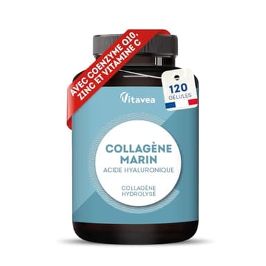 Collagène Marin + Acide Hyaluronique - 120 gélules - Peptides de Collagène Marin Hydrolysé, Type 1, 3 - Avec Coenzyme Q10, Vitamine C & Zinc -Peau, Cheveux, Articulations - Fabriqué en France -Vitavea