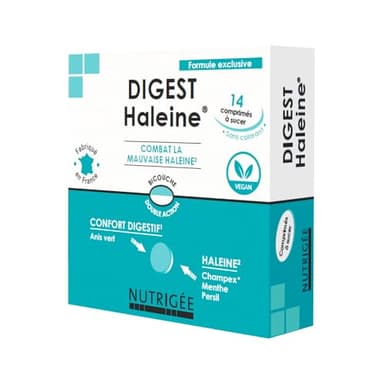 NUTRIGÉE Digest Haleine | Mauvaise Haleine & Digestion | Neutralise Odeurs Buccales & Gaz Intestinaux | Papaye, Fenouil, Menthe, Anis, Persil, Champex® | 14 Comprimés | Fabriqué en France