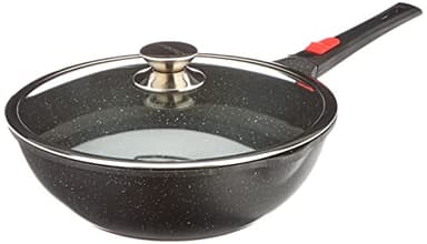 Kamberg - Wok 30 cm - Manche Amovible - Fonte d'Aluminium - Revêtement pierre - Couvercle en Verre - Tous Feux dont Induction - Sans PFOA - 0008057, Noir